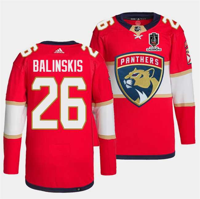 Mens Florida Panthers #26 Uvis Balinskis Red Home 2024 Stanley Cup Champions Stitched Jersey Dzhi